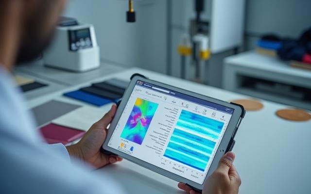 Nahaufnahme eines Farbmessgeräts und Datenanalyse auf einem Tablet